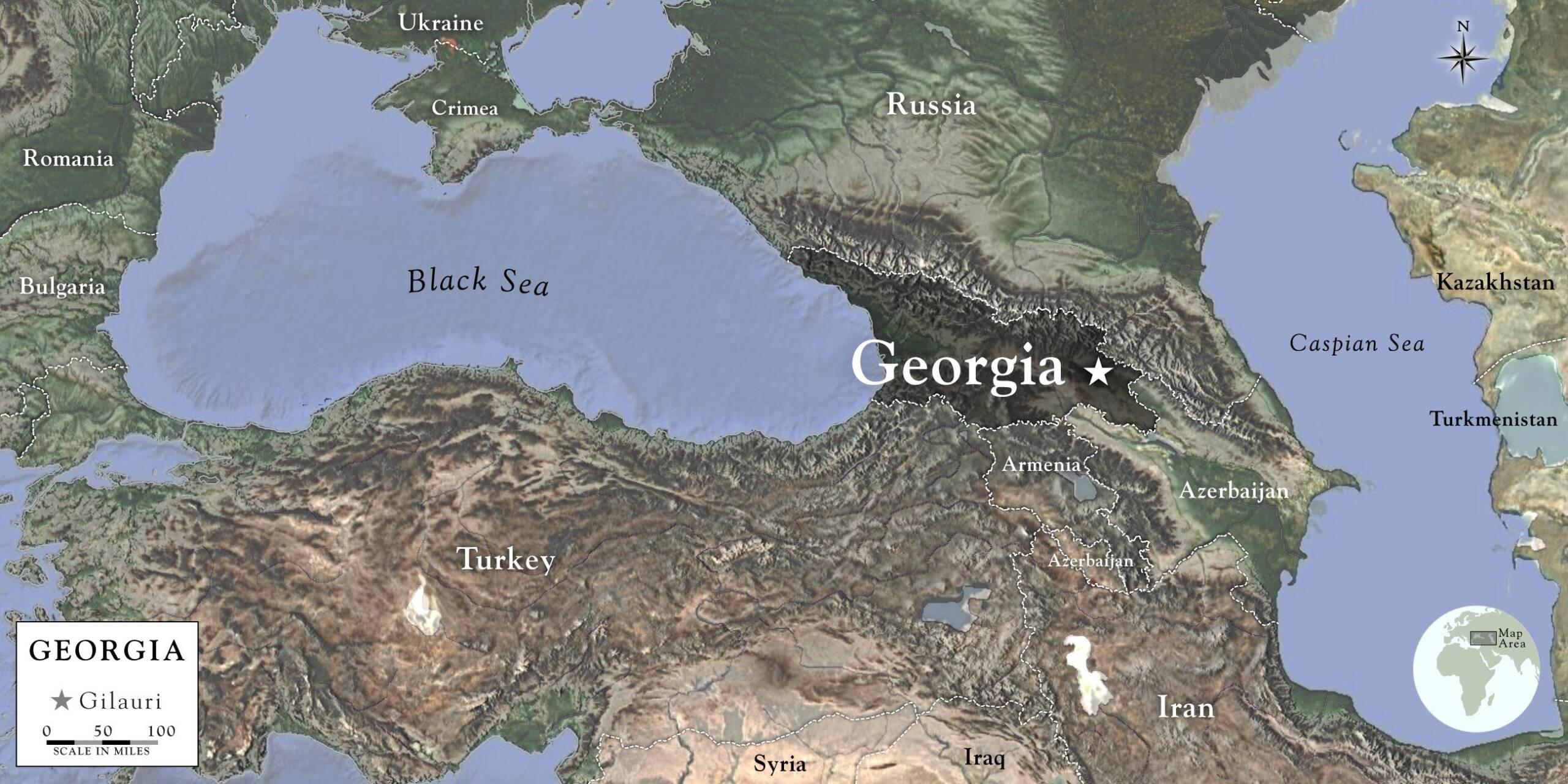 Map of Georgia and surrounding countries including Russia, Turkey, Armenia, Azerbaijan, Iran, Kazakhstan, Turkmenistan, Bulgaria, Romania, and Ukraine.
